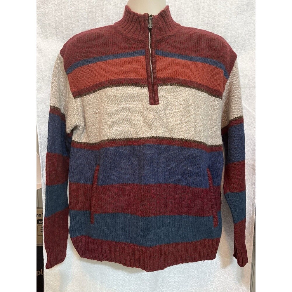 LL Bean Classic Lambs Wool Stripe 1/4 Zip Pockets Sweater Mens L Red Blue Ivory